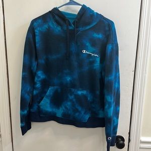 Champion Womens Tie Dye Blue Large Size V Neck Hoodie